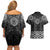 New Zealand Aotearoa Couples Matching Off Shoulder Short Dress and Hawaiian Shirt Black Taniko Art Maori Pattern