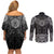 New Zealand Aotearoa Couples Matching Off Shoulder Short Dress and Long Sleeve Button Shirt Black Taniko Art Maori Pattern