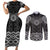 New Zealand Aotearoa Couples Matching Short Sleeve Bodycon Dress and Long Sleeve Button Shirt Black Taniko Art Maori Pattern