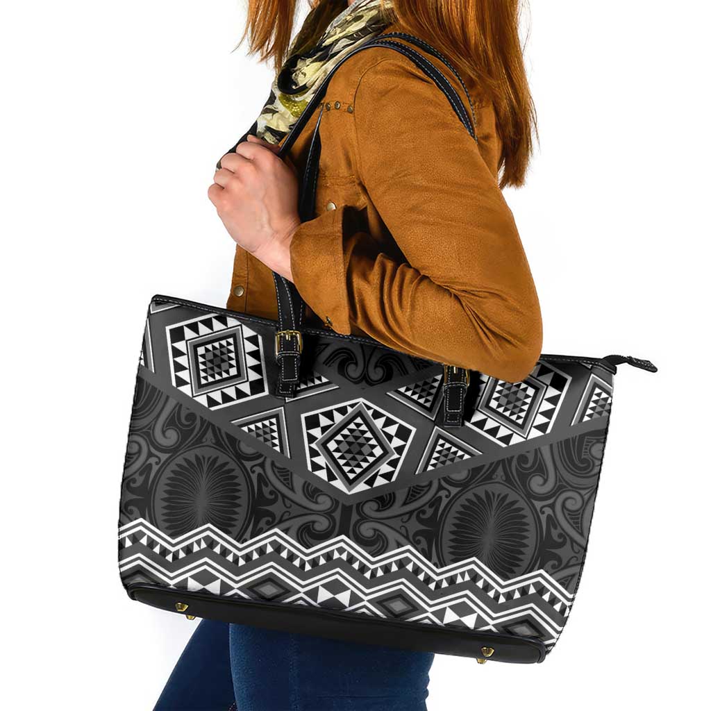 New Zealand Aotearoa Leather Tote Bag Black Taniko Art Maori Pattern LT05 Black - Polynesian Pride