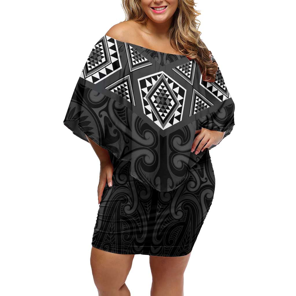 New Zealand Aotearoa Off Shoulder Short Dress Black Taniko Art Maori Pattern LT05 Women Black - Polynesian Pride
