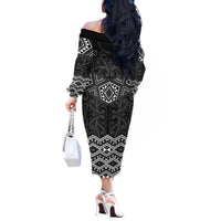 New Zealand Aotearoa Off The Shoulder Long Sleeve Dress Black Taniko Art Maori Pattern LT05 - Polynesian Pride