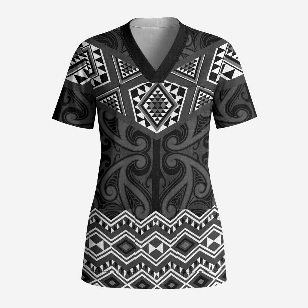 New Zealand Aotearoa Scrub Top Black Taniko Art Maori Pattern LT05 Adult Black - Polynesian Pride