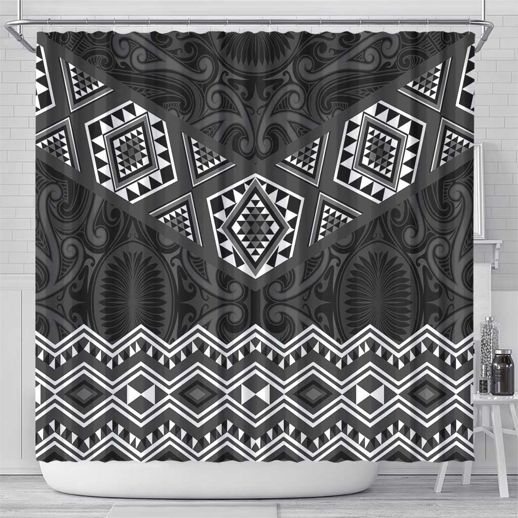 New Zealand Aotearoa Shower Curtain Black Taniko Art Maori Pattern LT05 - Polynesian Pride