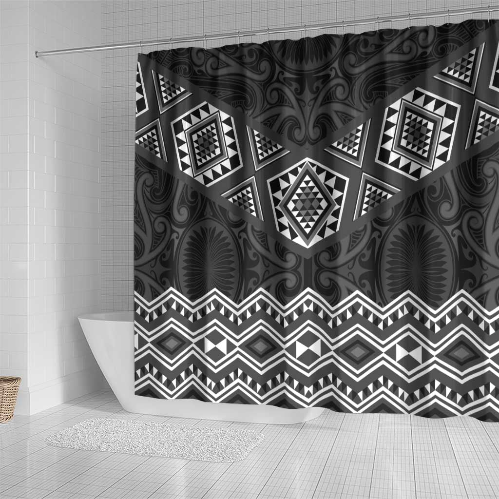 New Zealand Aotearoa Shower Curtain Black Taniko Art Maori Pattern LT05 - Polynesian Pride