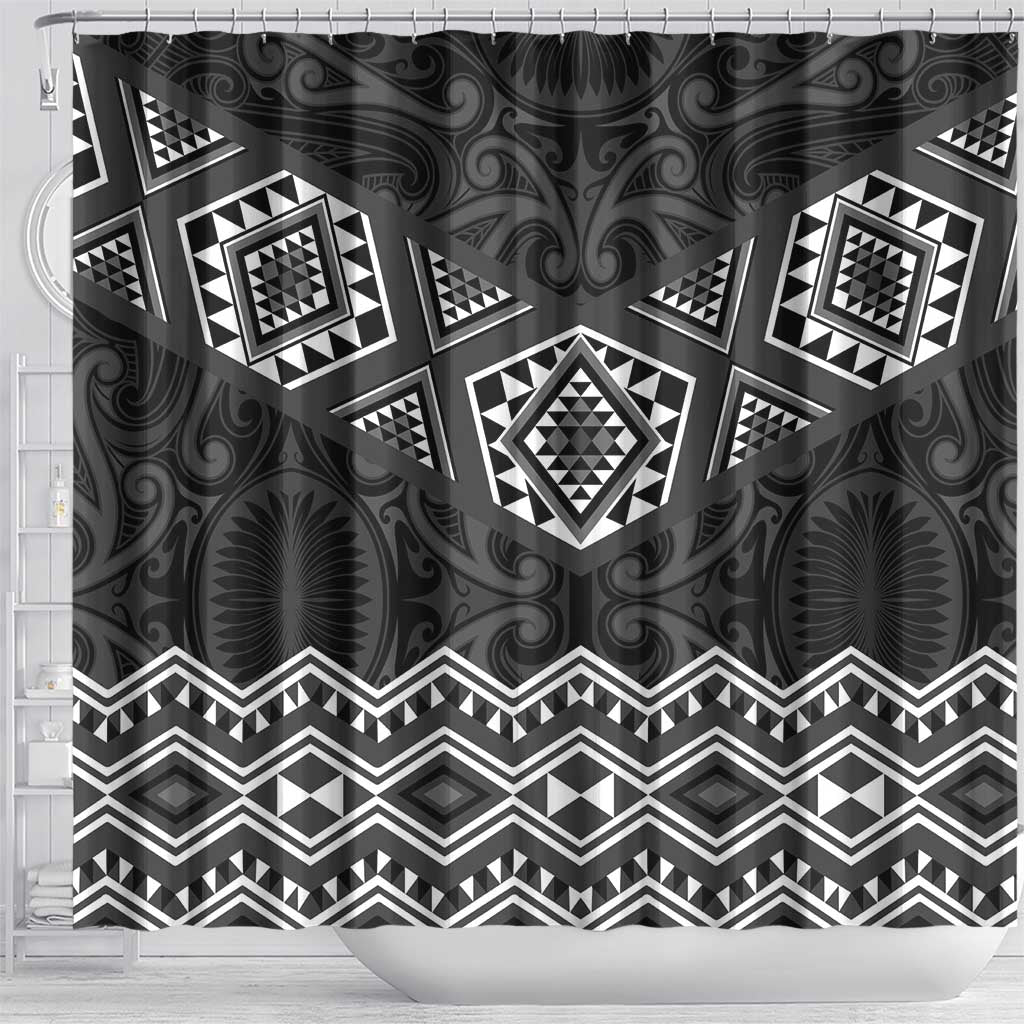 New Zealand Aotearoa Shower Curtain Black Taniko Art Maori Pattern LT05 - Polynesian Pride