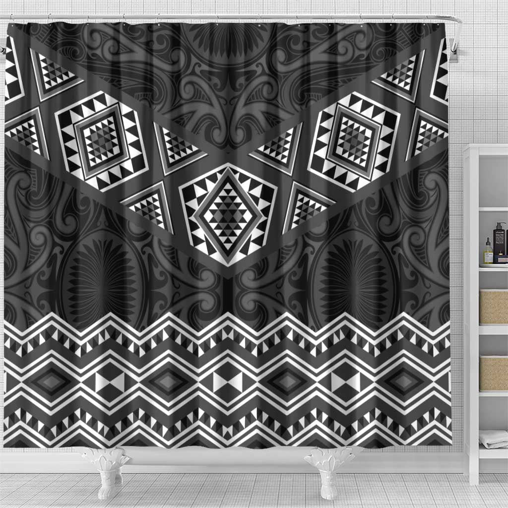 New Zealand Aotearoa Shower Curtain Black Taniko Art Maori Pattern LT05 - Polynesian Pride