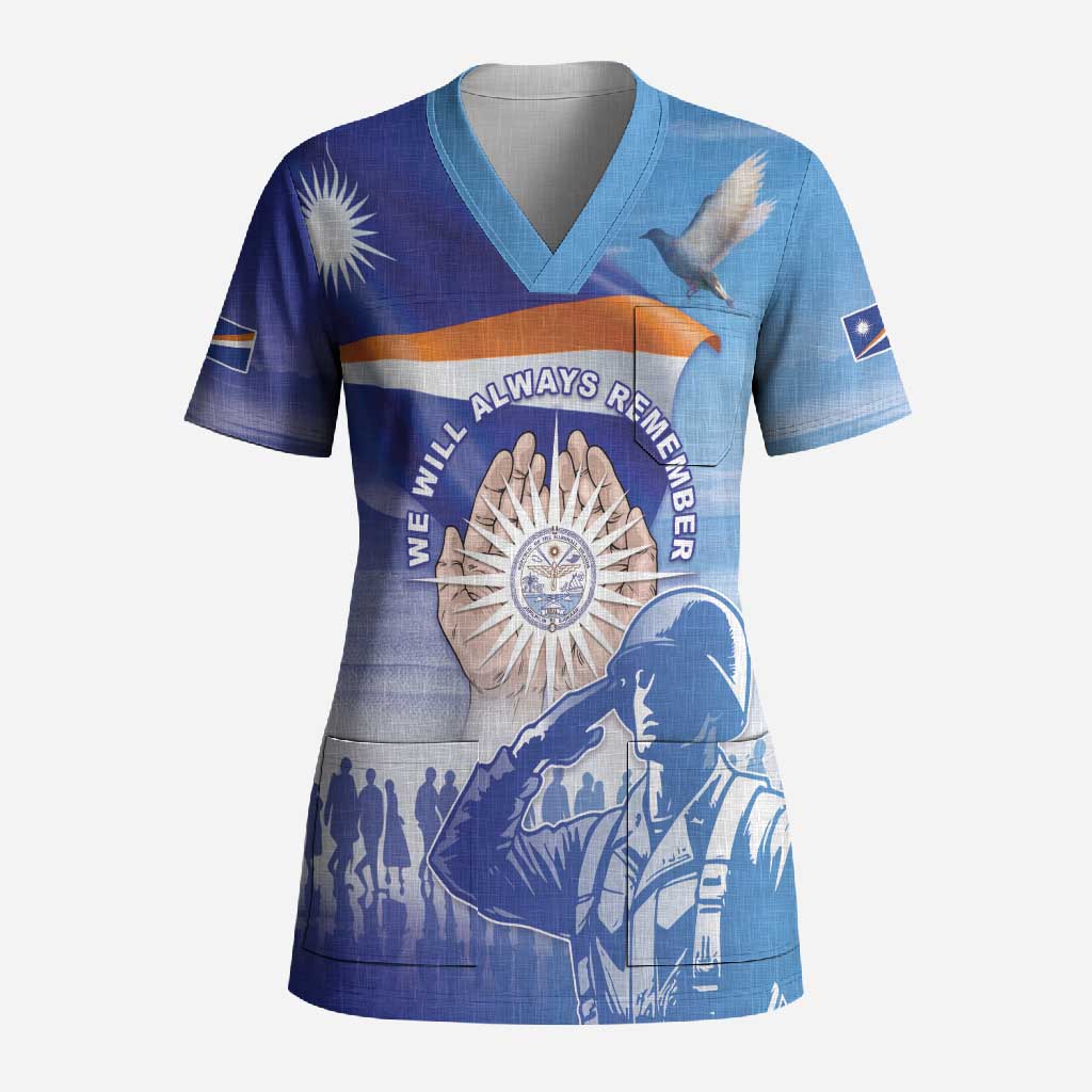 Personalised Marshall Islands Remembrance Day Scrub Top We Will Always Remember LT05 Adult Blue - Polynesian Pride