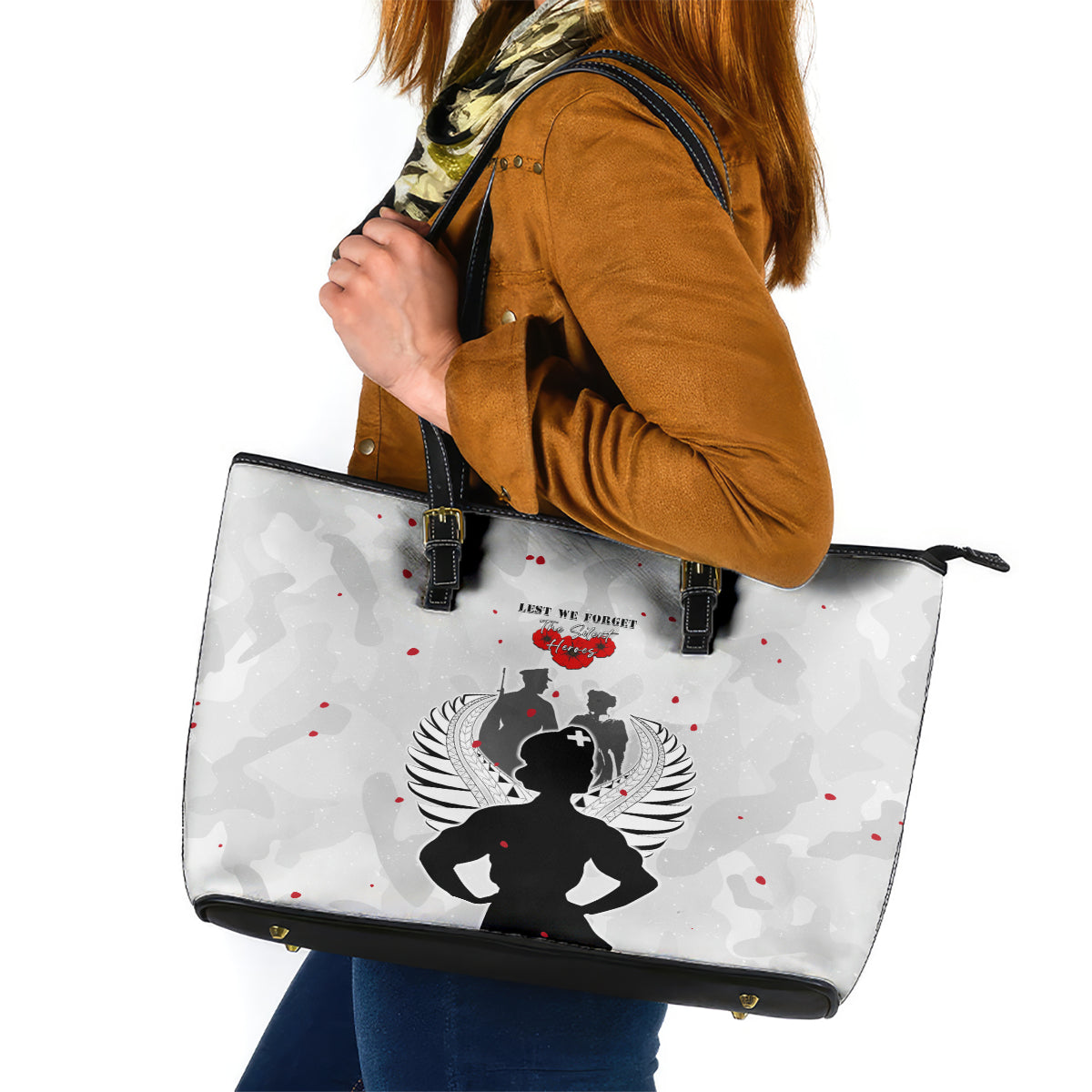 New Zealand ANZAC Day Leather Tote Bag For The Nurse Lest We Forget LT05 White - Polynesian Pride