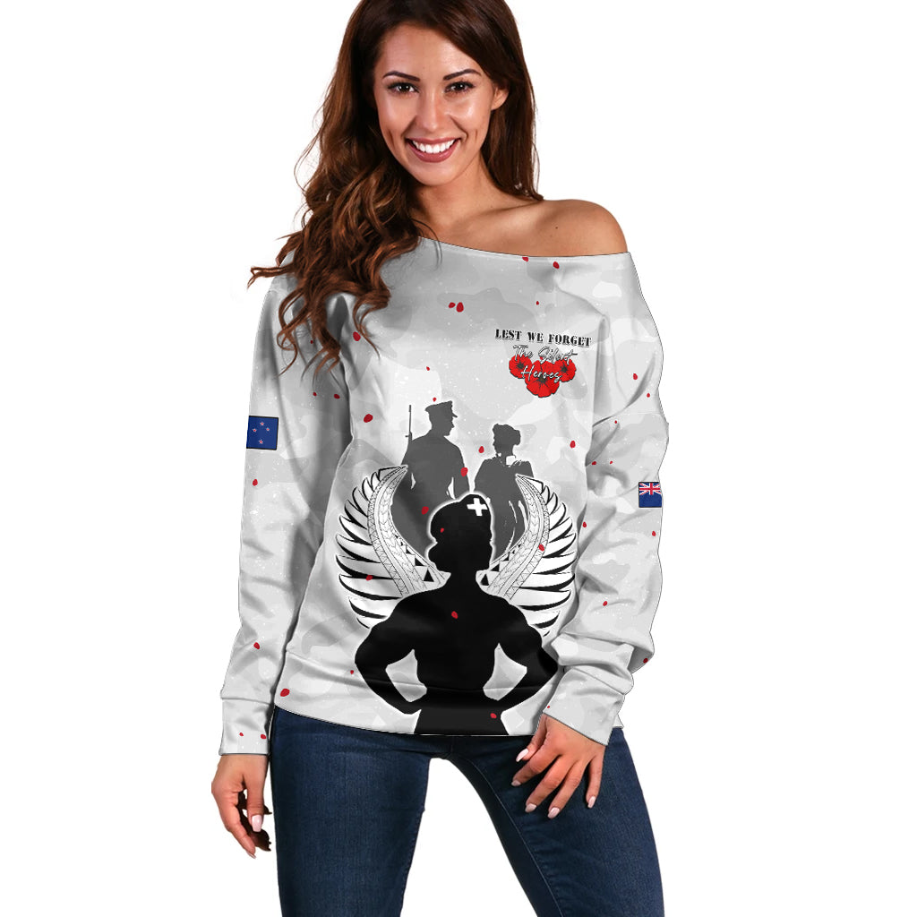 New Zealand ANZAC Day Off Shoulder Sweater For The Nurse Lest We Forget LT05 Women White - Polynesian Pride