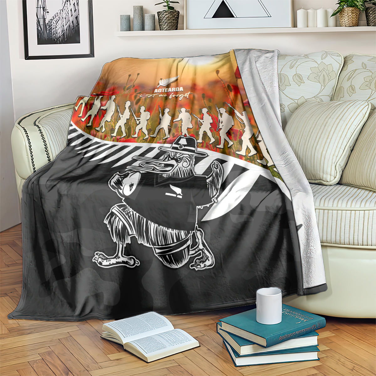 New Zealand ANZAC Rugby Blanket Soldier Fern With Kiwi Bird LT05 Black - Polynesian Pride