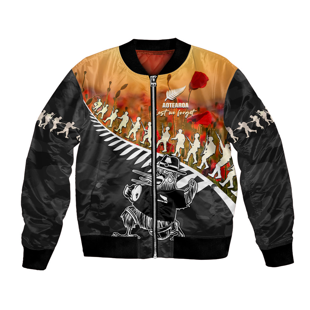 New Zealand ANZAC Rugby Bomber Jacket Soldier Fern With Kiwi Bird LT05 Unisex Black - Polynesian Pride