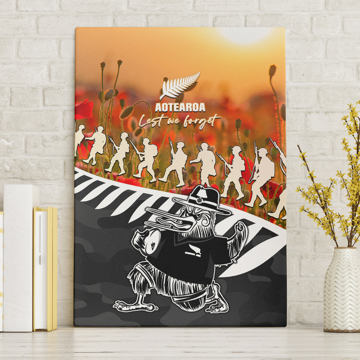 New Zealand ANZAC Rugby Canvas Wall Art Soldier Fern With Kiwi Bird LT05 Without Frame Black - Polynesian Pride