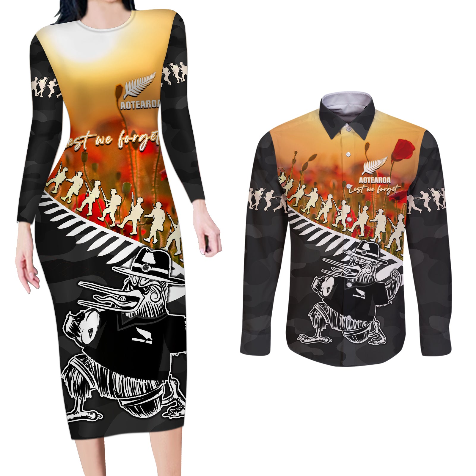 New Zealand ANZAC Rugby Couples Matching Long Sleeve Bodycon Dress and Long Sleeve Button Shirt Soldier Fern With Kiwi Bird LT05