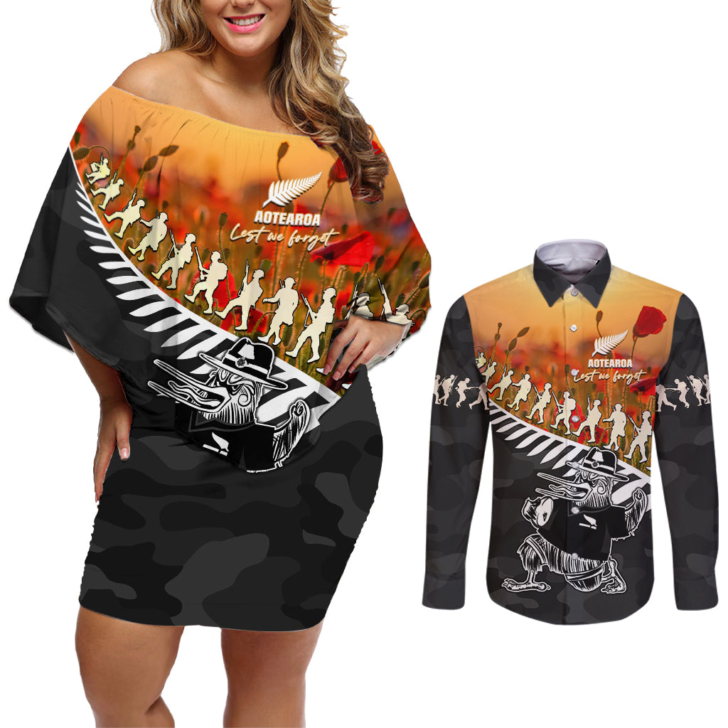 New Zealand ANZAC Rugby Couples Matching Off Shoulder Short Dress and Long Sleeve Button Shirt Soldier Fern With Kiwi Bird LT05