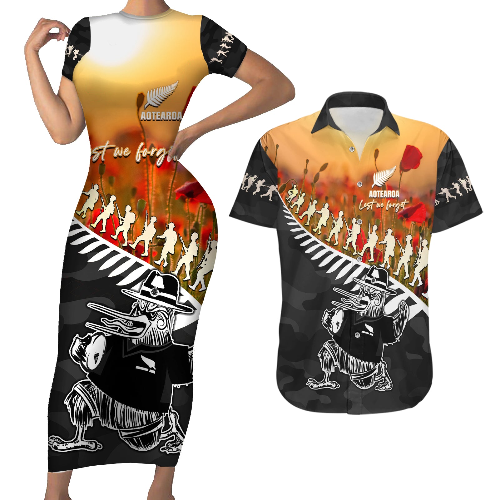 New Zealand ANZAC Rugby Couples Matching Short Sleeve Bodycon Dress and Hawaiian Shirt Soldier Fern With Kiwi Bird LT05