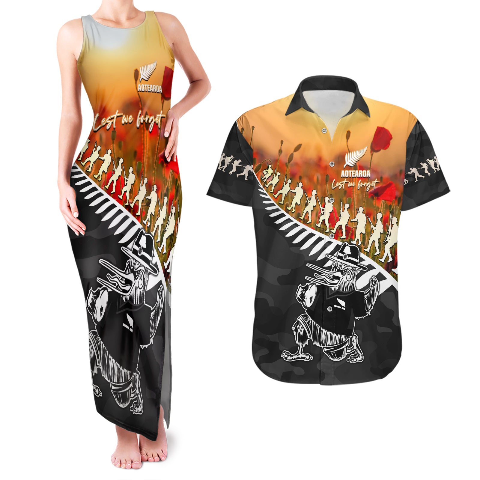 New Zealand ANZAC Rugby Couples Matching Tank Maxi Dress and Hawaiian Shirt Soldier Fern With Kiwi Bird LT05