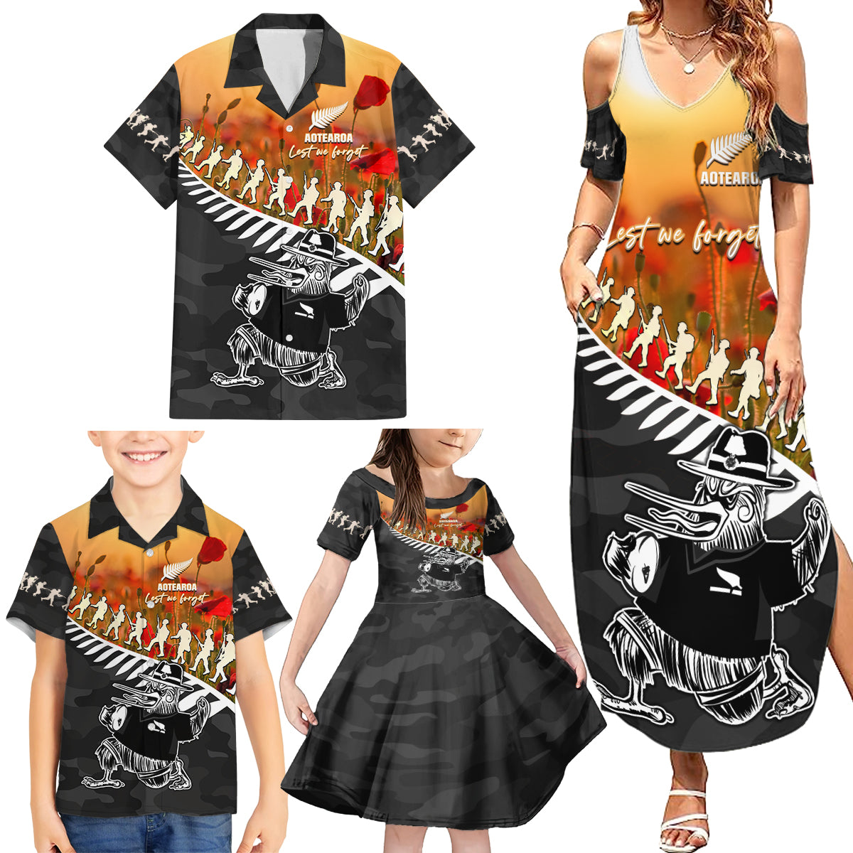 New Zealand ANZAC Rugby Family Matching Summer Maxi Dress and Hawaiian Shirt Soldier Fern With Kiwi Bird LT05