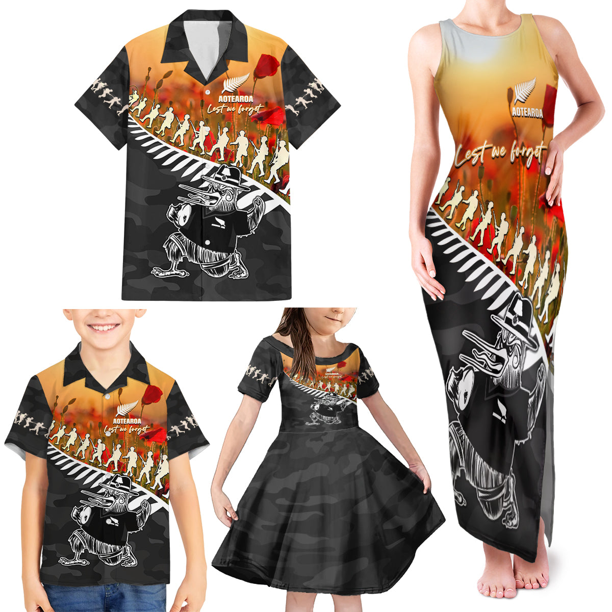 New Zealand ANZAC Rugby Family Matching Tank Maxi Dress and Hawaiian Shirt Soldier Fern With Kiwi Bird LT05