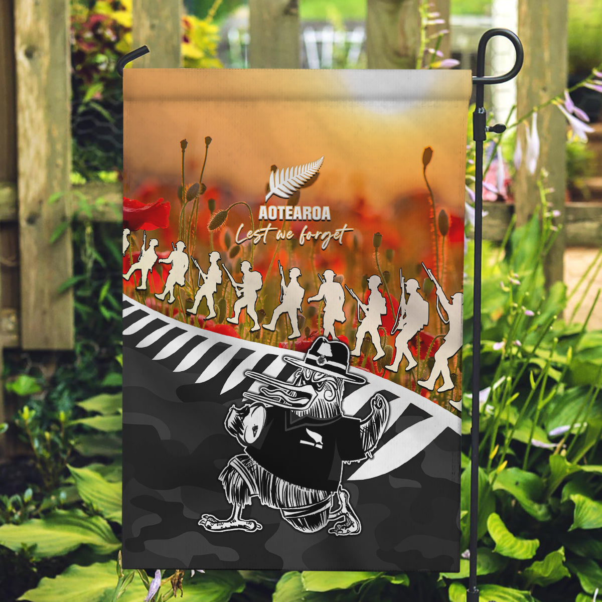 New Zealand ANZAC Rugby Garden Flag Soldier Fern With Kiwi Bird LT05 Garden Flag Black - Polynesian Pride