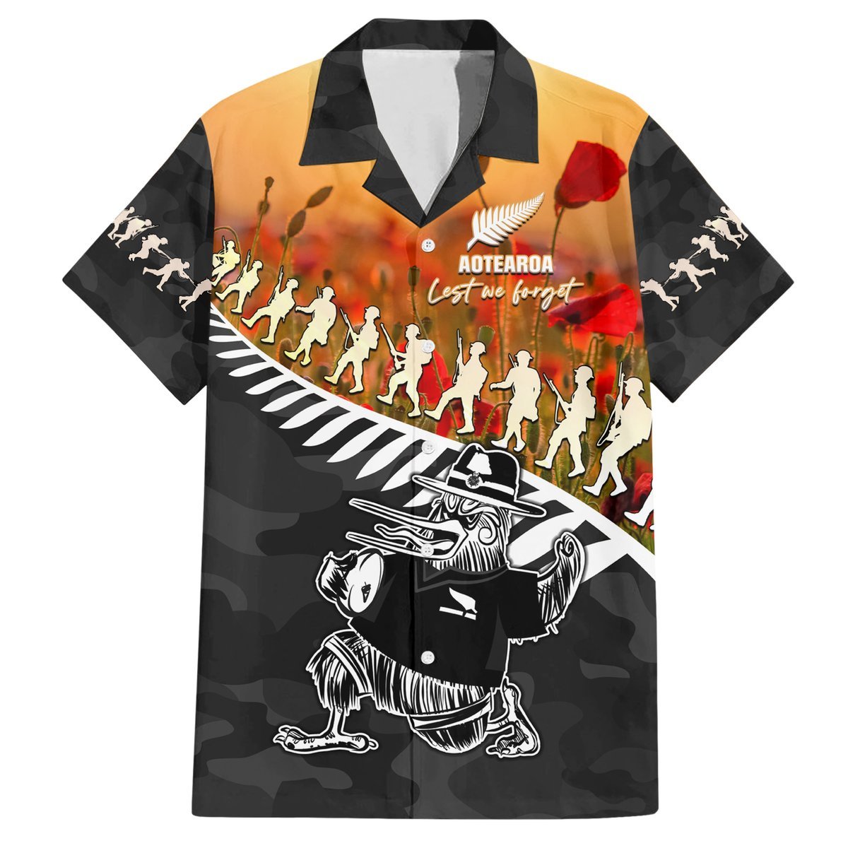 New Zealand ANZAC Rugby Hawaiian Shirt Soldier Fern With Kiwi Bird LT05 Black - Polynesian Pride