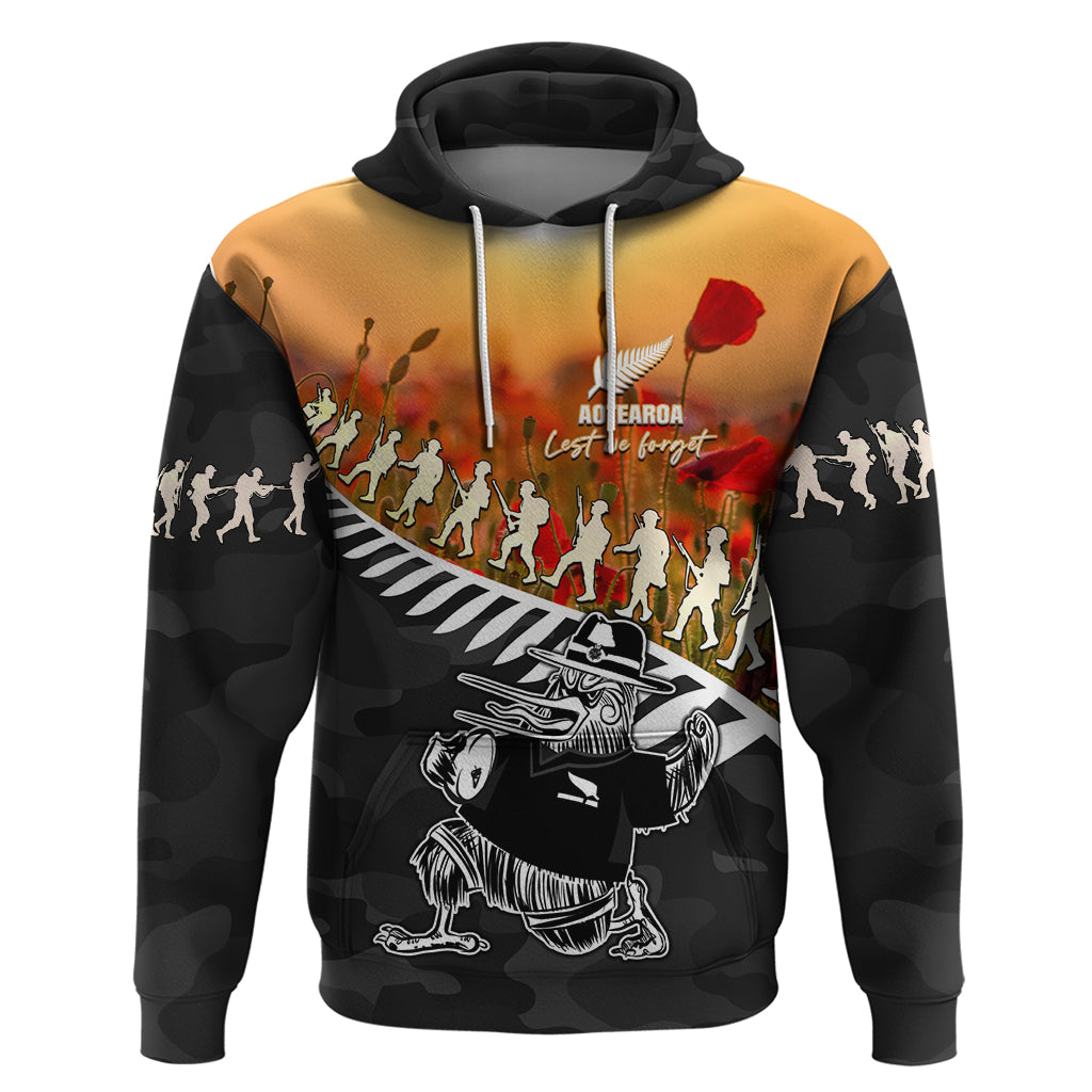 New Zealand ANZAC Rugby Hoodie Soldier Fern With Kiwi Bird LT05 Pullover Hoodie Black - Polynesian Pride