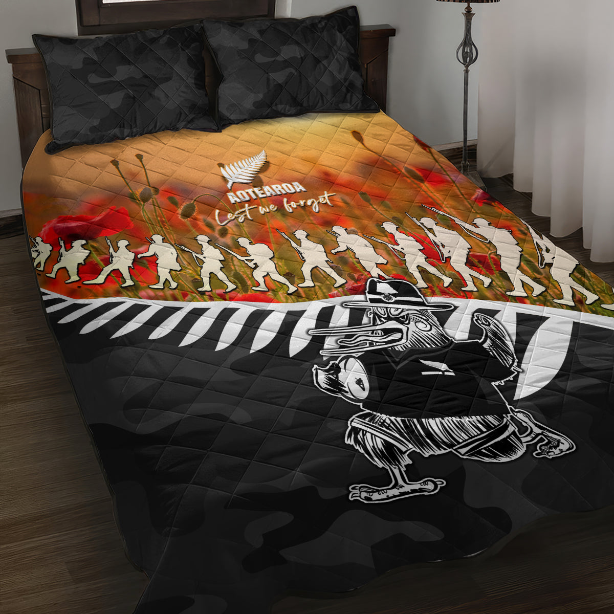 New Zealand ANZAC Rugby Quilt Bed Set Soldier Fern With Kiwi Bird LT05 Black - Polynesian Pride