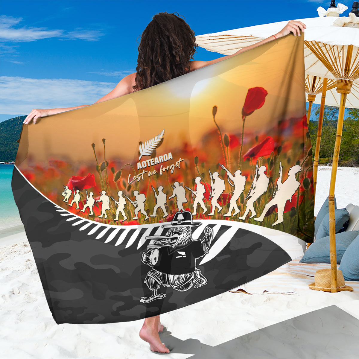 New Zealand ANZAC Rugby Sarong Soldier Fern With Kiwi Bird LT05 One Size 44 x 66 inches Black - Polynesian Pride