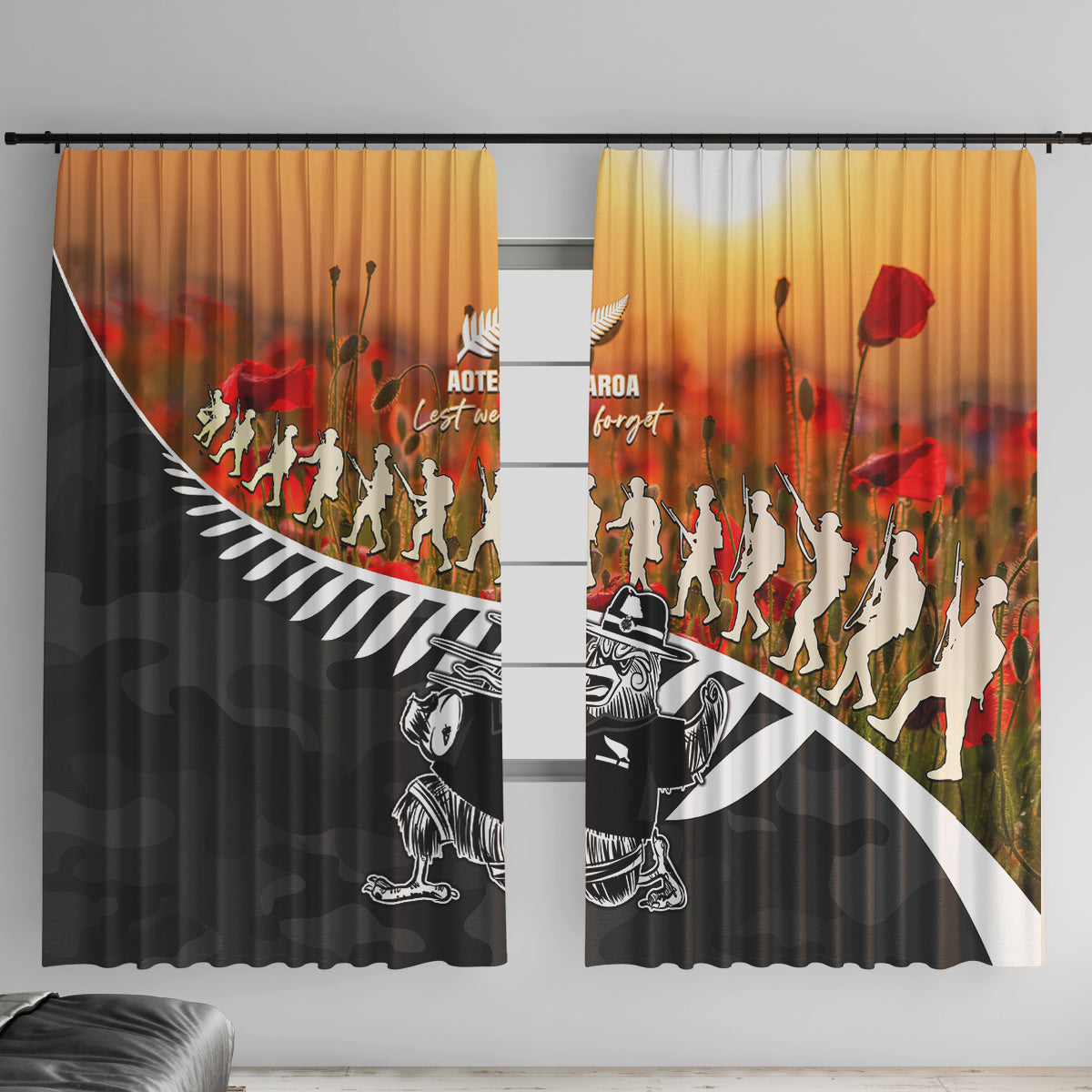 New Zealand ANZAC Rugby Window Curtain Soldier Fern With Kiwi Bird LT05 With Hooks Black - Polynesian Pride