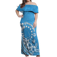 Personalised Penrhyn Gospel Day Off Shoulder Maxi Dress Cook Islands Tribal Pattern LT05 Women Blue - Polynesian Pride