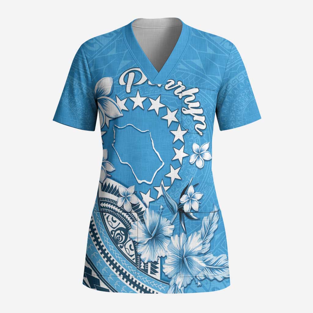 Personalised Penrhyn Gospel Day Scrub Top Cook Islands Tribal Pattern LT05 Adult Blue - Polynesian Pride