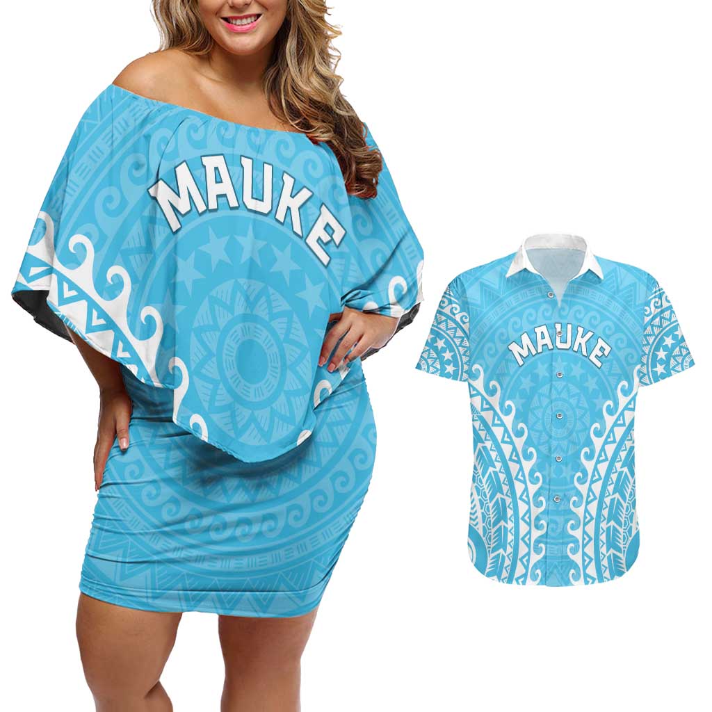 Custom Cook Islands Mauke Couples Matching Off Shoulder Short Dress and Hawaiian Shirt Polynesian Tribal Tattoo