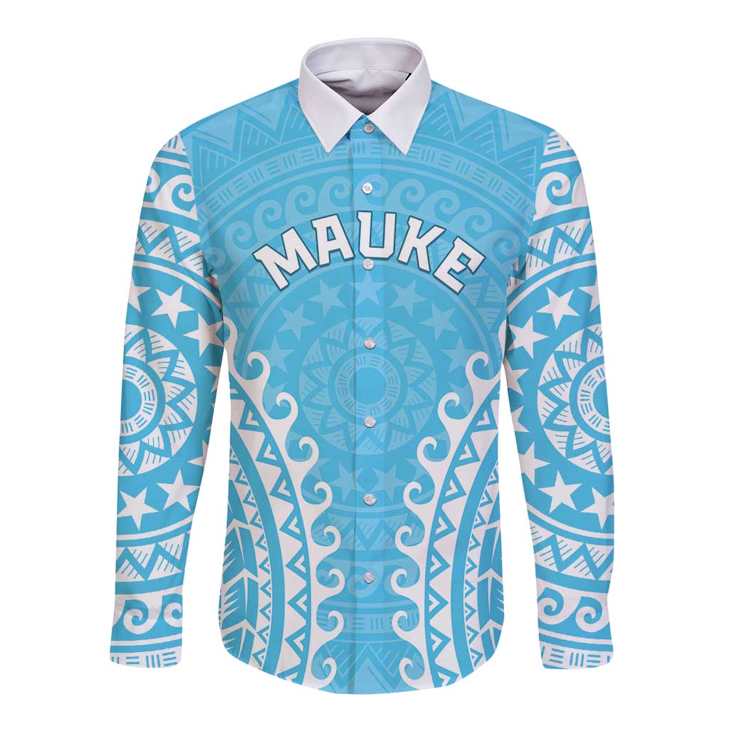 Custom Cook Islands Mauke Long Sleeve Button Shirt Polynesian Tribal Tattoo LT05 Unisex Baby Blue - Polynesian Pride