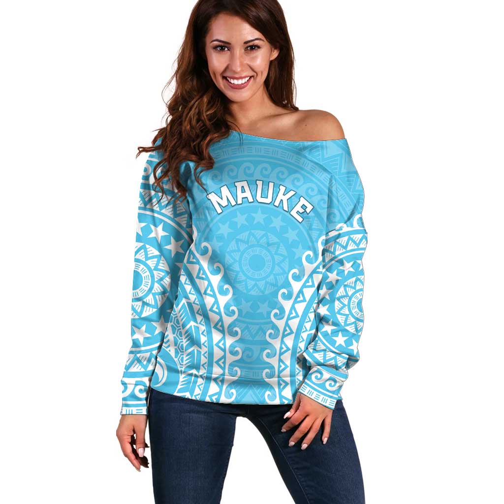 Custom Cook Islands Mauke Off Shoulder Sweater Polynesian Tribal Tattoo LT05 Women Baby Blue - Polynesian Pride