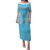Custom Cook Islands Mauke Puletasi Polynesian Tribal Tattoo LT05 Long Dress Baby Blue - Polynesian Pride