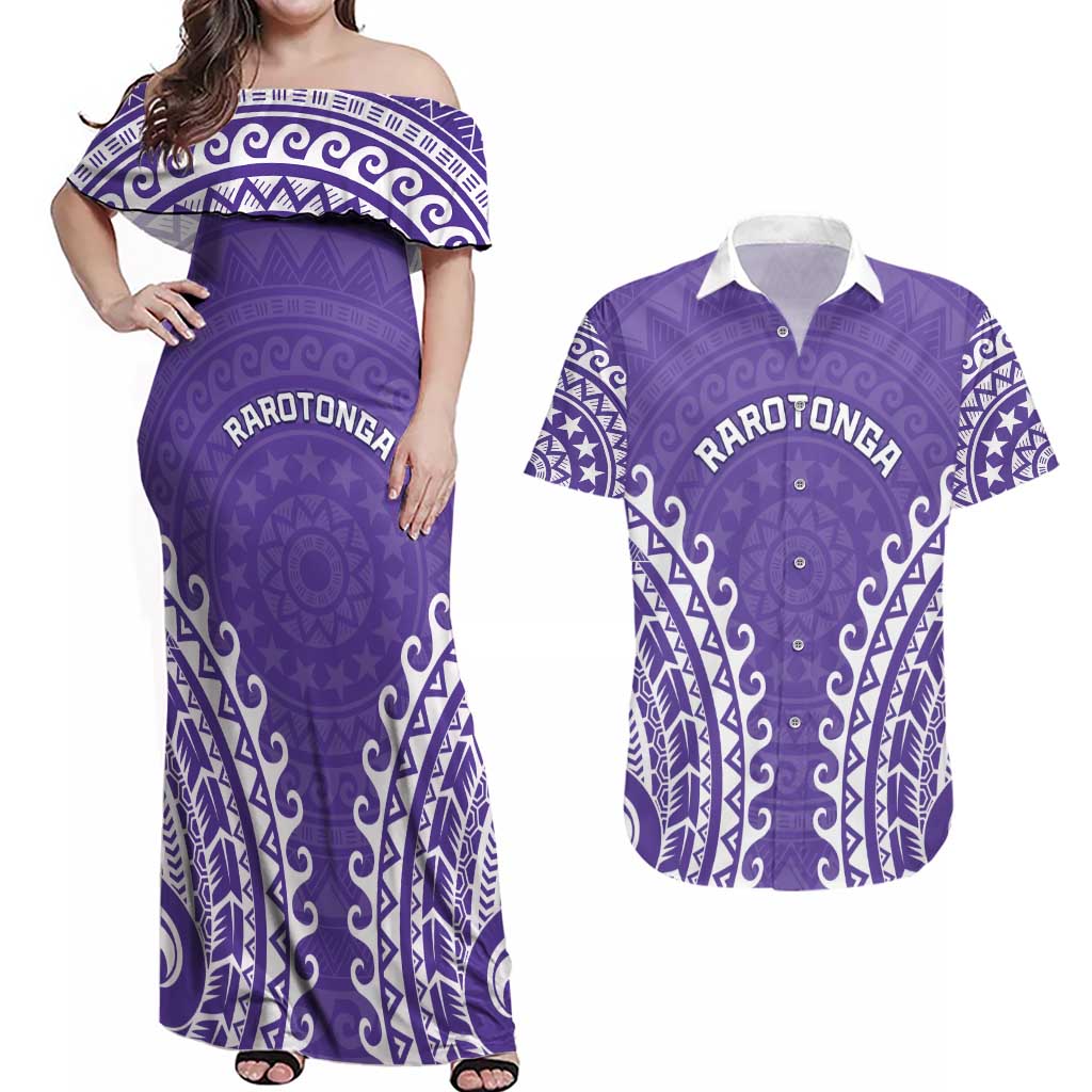 Custom Cook Islands Rarotonga Couples Matching Off Shoulder Maxi Dress and Hawaiian Shirt Polynesian Tribal Tattoo