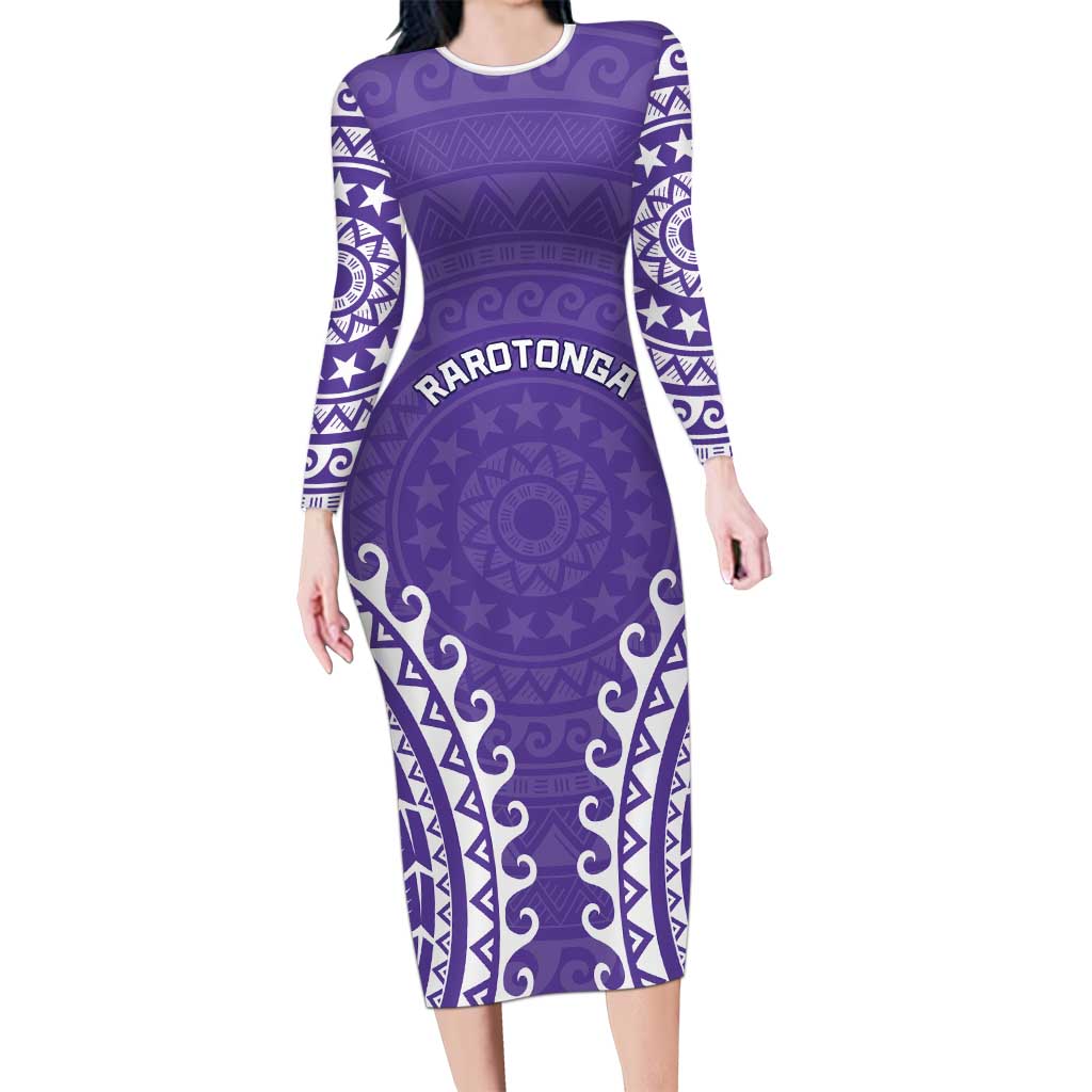 Custom Cook Islands Rarotonga Long Sleeve Bodycon Dress Polynesian Tribal Tattoo LT05 Long Dress Purple - Polynesian Pride