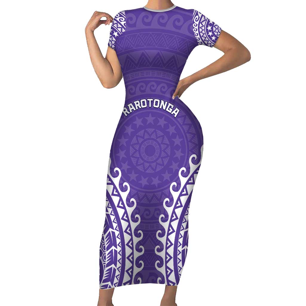 Custom Cook Islands Rarotonga Short Sleeve Bodycon Dress Polynesian Tribal Tattoo