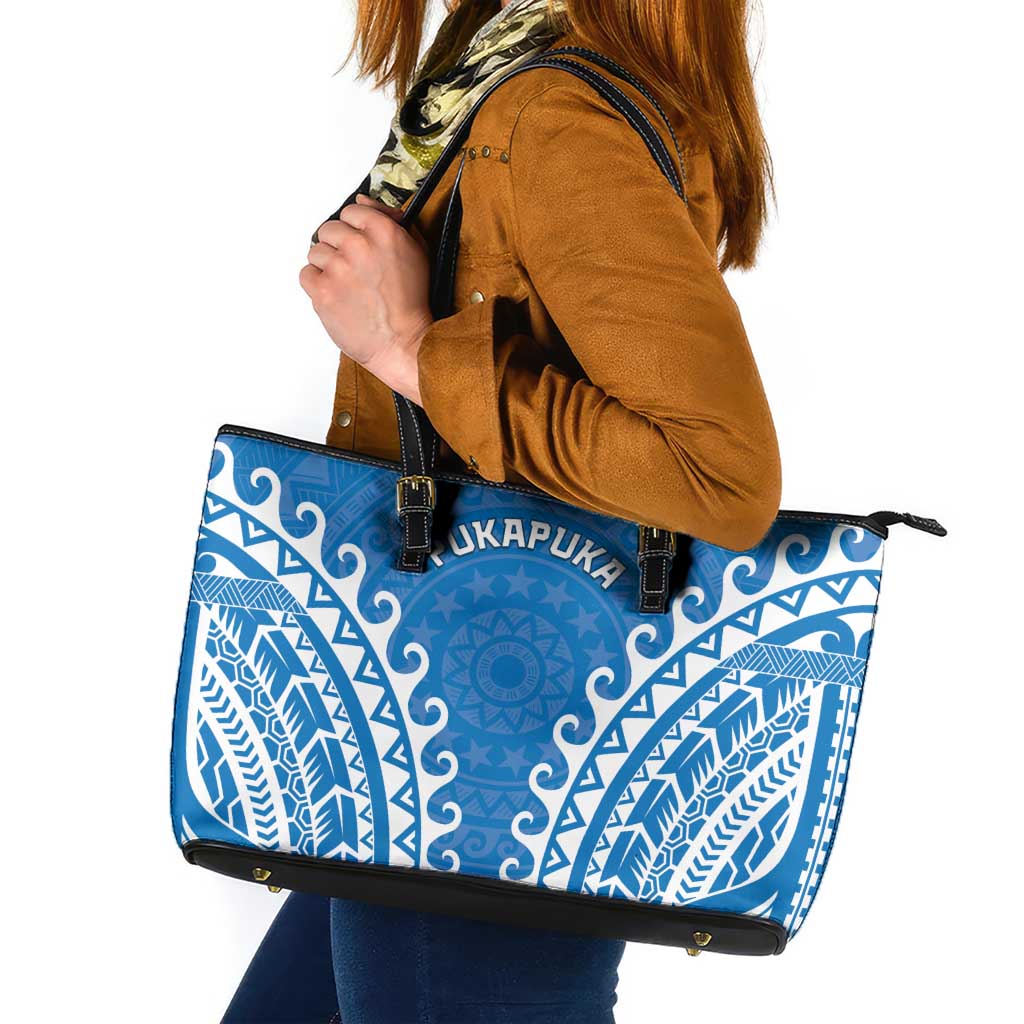 Cook Islands Pukapuka Leather Tote Bag Polynesian Tribal Tattoo LT05 Blue - Polynesian Pride