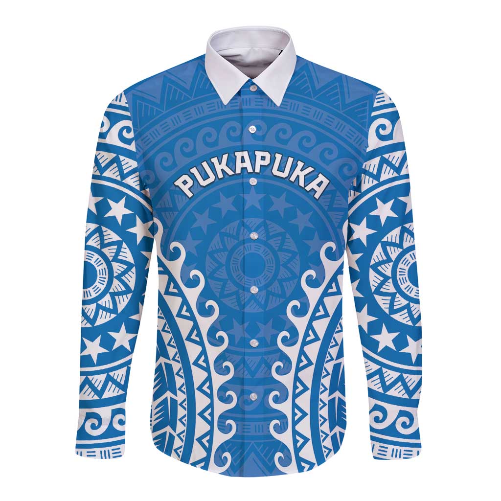 Custom Cook Islands Pukapuka Long Sleeve Button Shirt Polynesian Tribal Tattoo LT05 Unisex Blue - Polynesian Pride