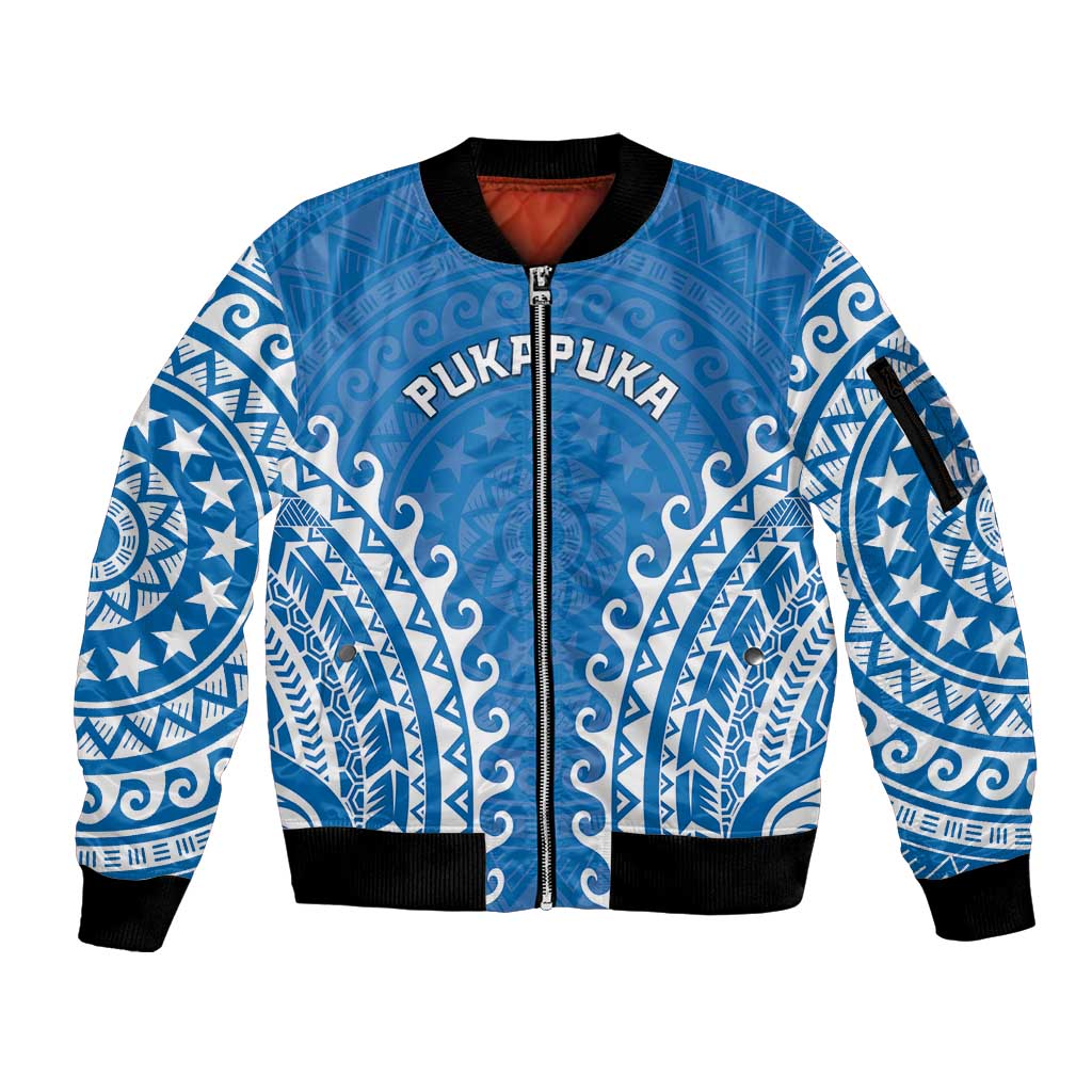 Custom Cook Islands Pukapuka Sleeve Zip Bomber Jacket Polynesian Tribal Tattoo LT05 Unisex Blue - Polynesian Pride