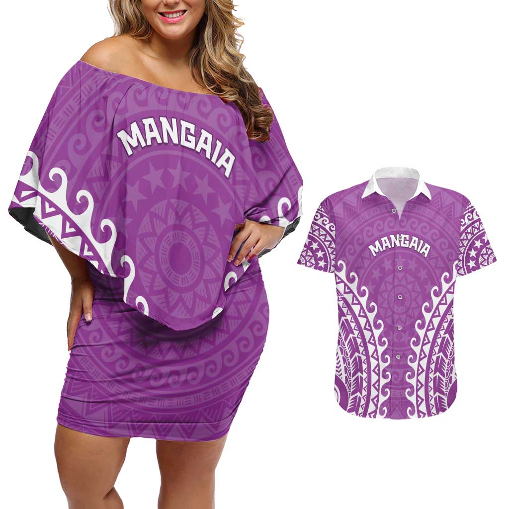 Custom Cook Islands Mangaia Couples Matching Off Shoulder Short Dress and Hawaiian Shirt Polynesian Tribal Tattoo