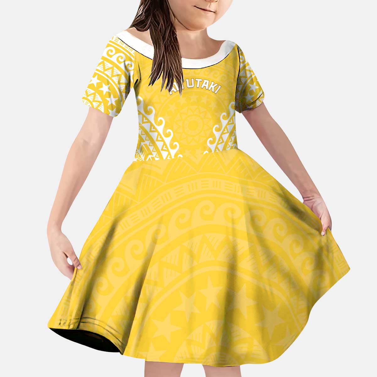 Custom Cook Islands Aitutaki Kid Short Sleeve Dress Polynesian Tribal Tattoo LT05 KID Yellow - Polynesian Pride