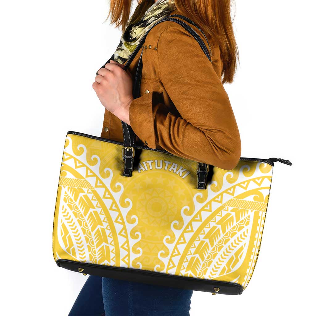 Cook Islands Aitutaki Leather Tote Bag Polynesian Tribal Tattoo LT05 Yellow - Polynesian Pride