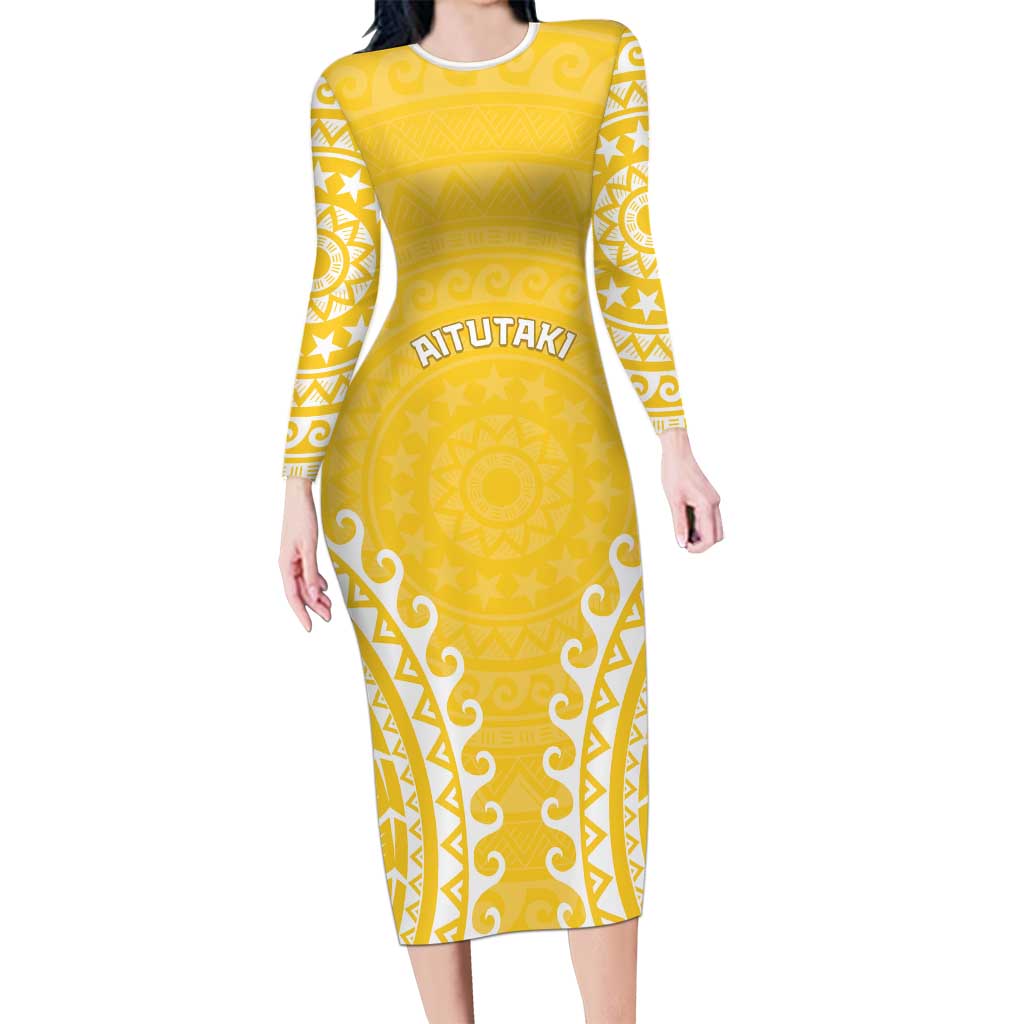 Custom Cook Islands Aitutaki Long Sleeve Bodycon Dress Polynesian Tribal Tattoo LT05 Long Dress Yellow - Polynesian Pride