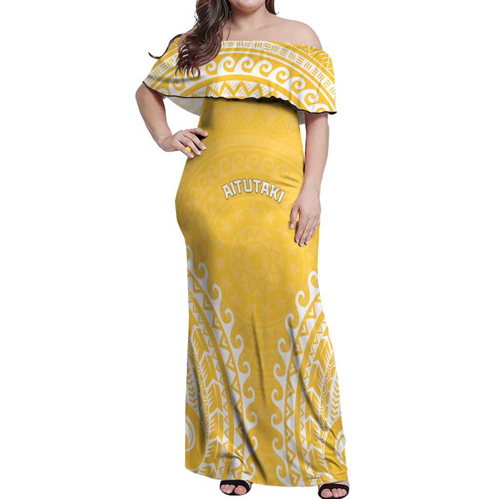 Custom Cook Islands Aitutaki Off Shoulder Maxi Dress Polynesian Tribal Tattoo LT05 Women Yellow - Polynesian Pride