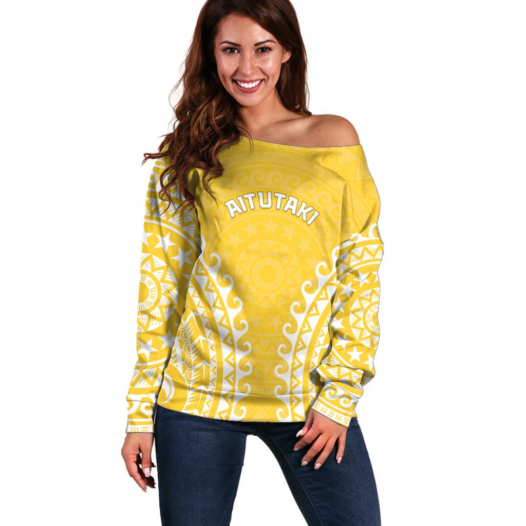 Custom Cook Islands Aitutaki Off Shoulder Sweater Polynesian Tribal Tattoo LT05 Women Yellow - Polynesian Pride