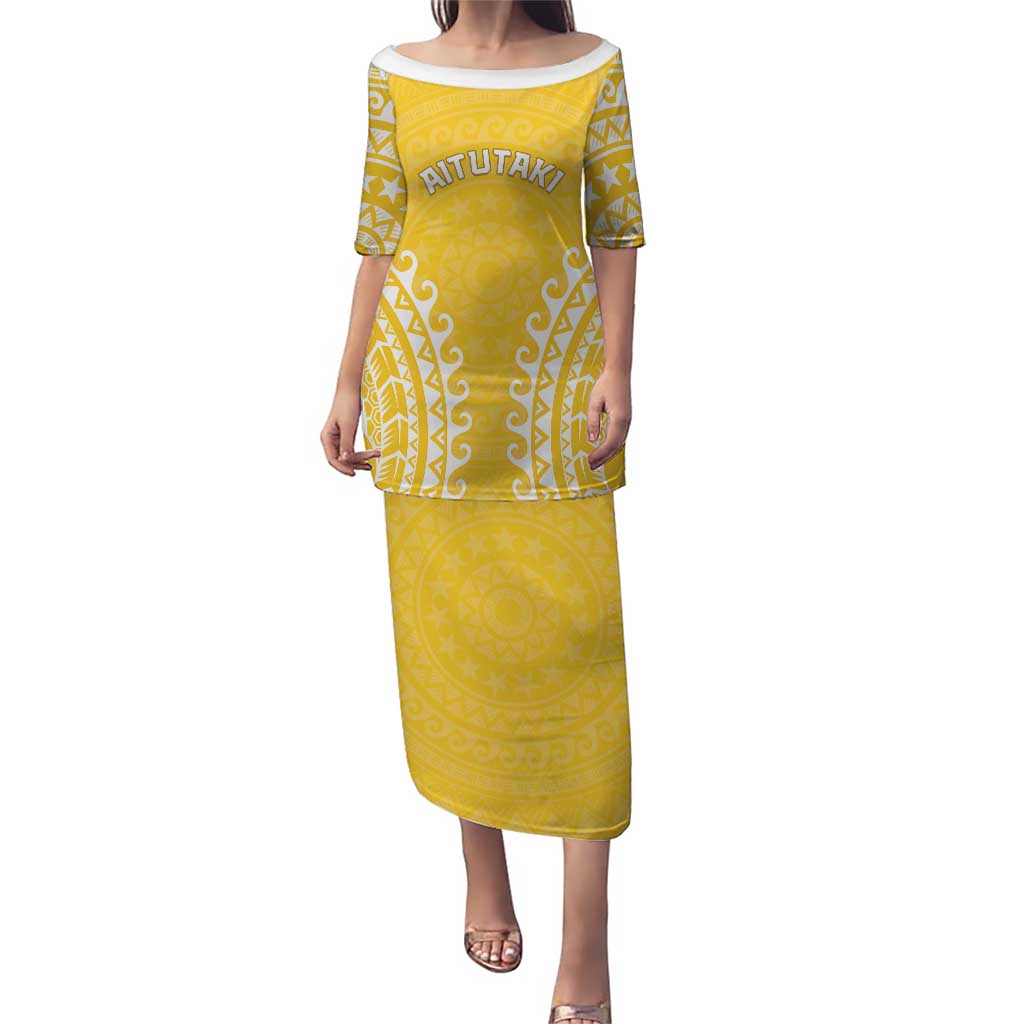 Custom Cook Islands Aitutaki Puletasi Polynesian Tribal Tattoo LT05 Long Dress Yellow - Polynesian Pride