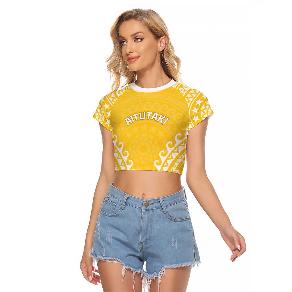 Custom Cook Islands Aitutaki Raglan Cropped T Shirt Polynesian Tribal Tattoo LT05 Female Yellow - Polynesian Pride