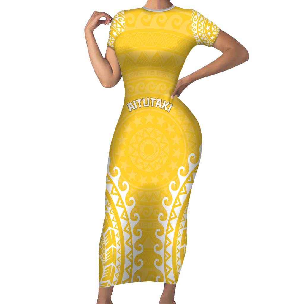 Custom Cook Islands Aitutaki Short Sleeve Bodycon Dress Polynesian Tribal Tattoo